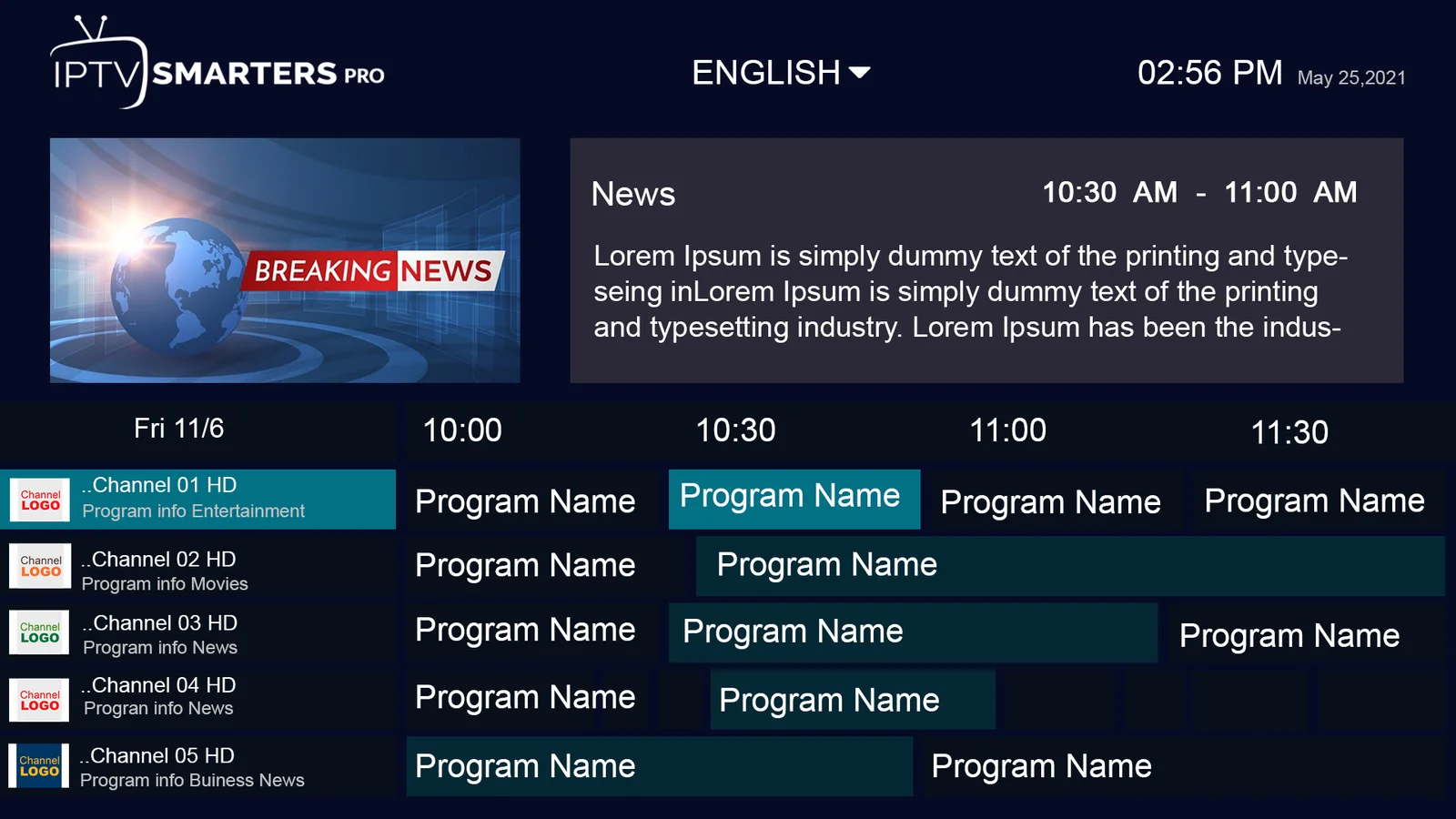 Sonix IPTV Electronic Program Guide (EPG) with live TV schedule